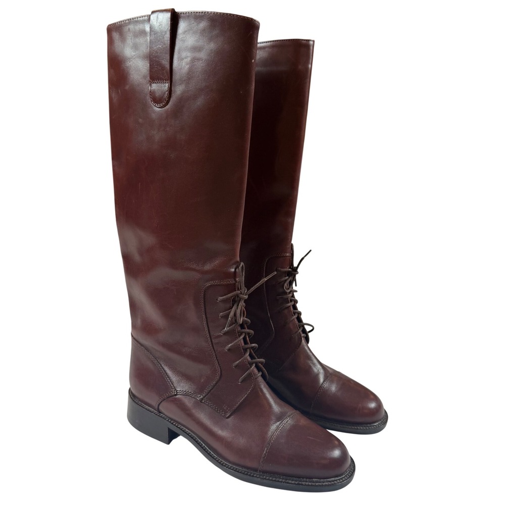 Vtg Italian Leather Knee High Lace Up Boots Brown Equestrian Dark Academia Sz 7